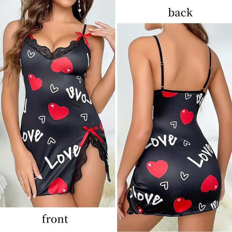 Lace Edge V-Neck Sling Side Split Sleepwear Women's Printed Love Letter Black Home Sling Dress Pajamas