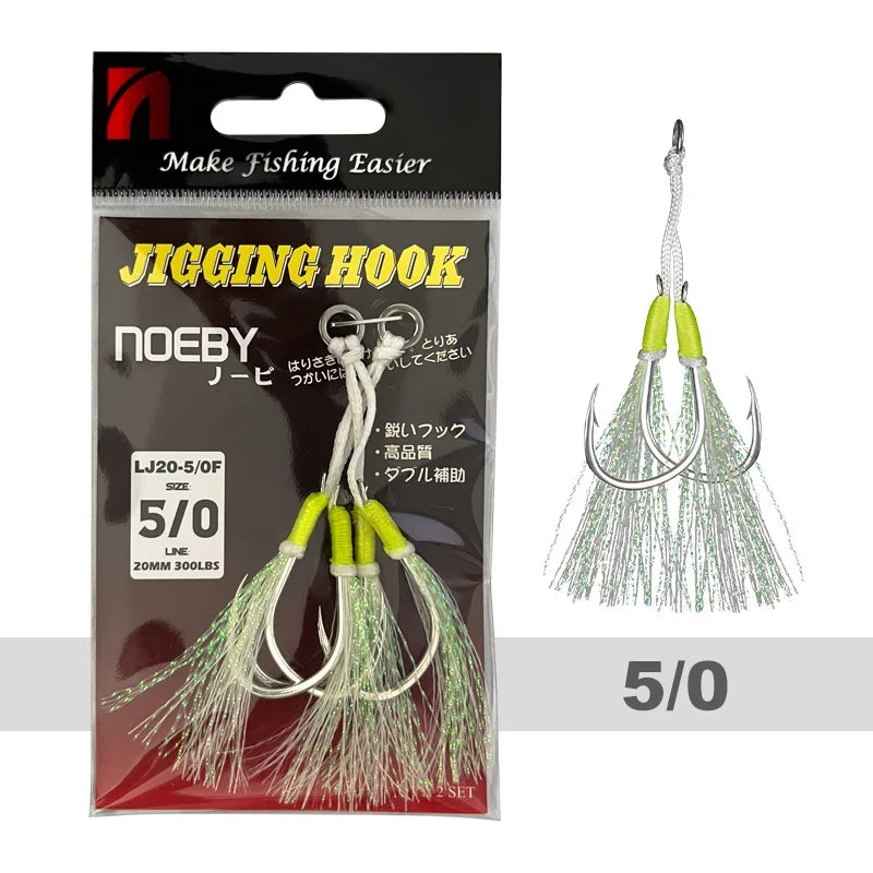 Noeby Twin Assist Hook Slow Jigging Fishing Hook Double 1/0 2/0 3/0 4/0 5/0 6/0 Barbed High Carbon Steel Metal Jig Fishing Hooks