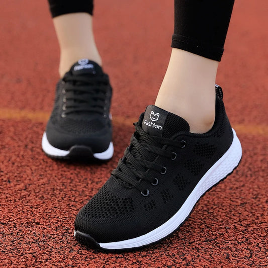 Women Casual Shoes Breathable Walking Mesh Lace Up Flat Shoes Sneakers