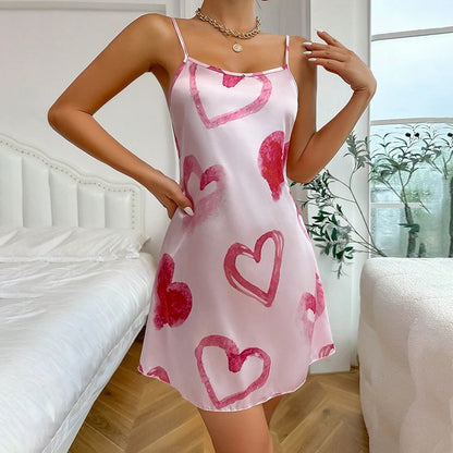 Women's Sleepwear Summer Sexy Lingerie Valentine's Day Heart Print Satin Slip Nightdress Round Neck Backless Sleep Dress Nightie
