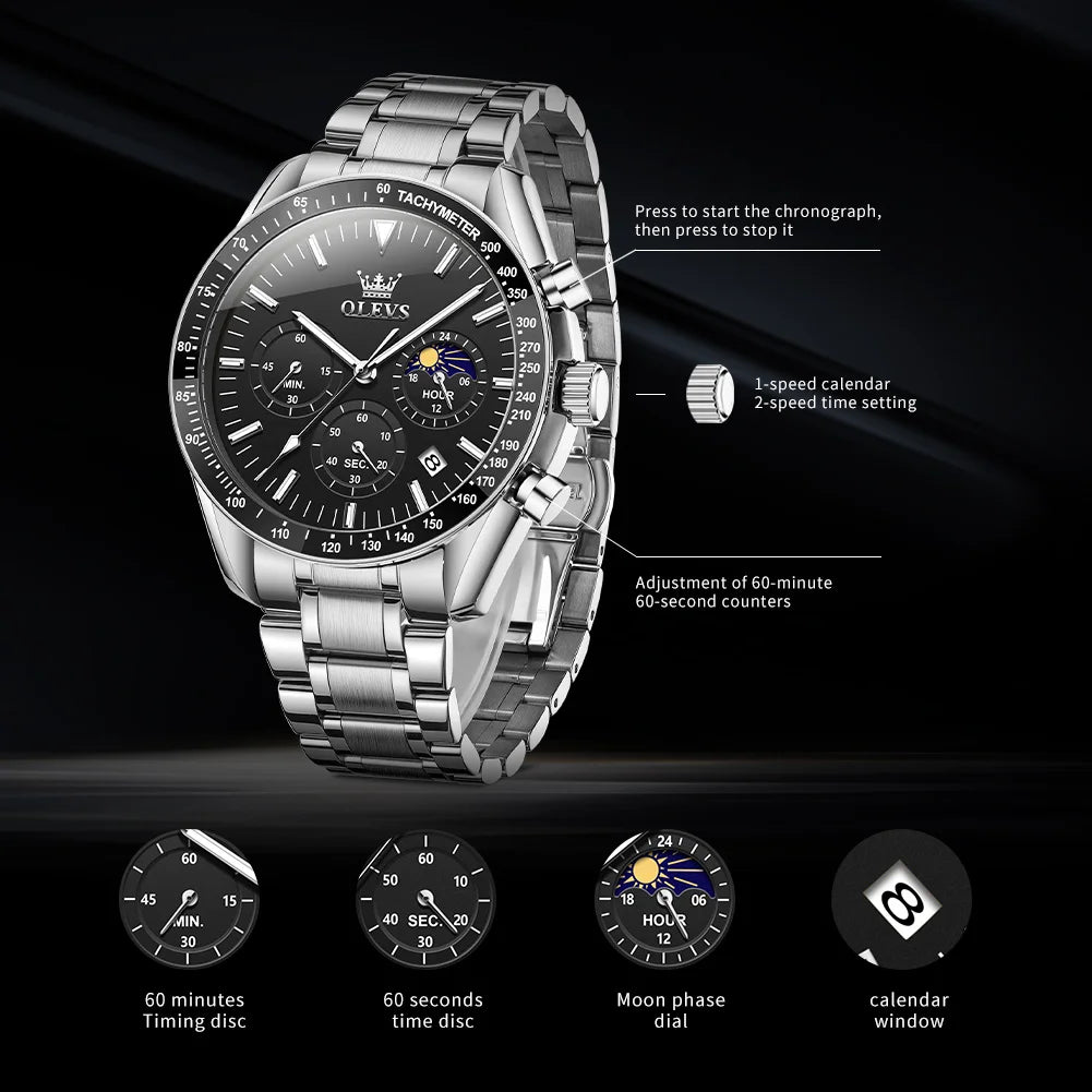 OLEVS Multifunctional Men's Watch Fashion Business Calendar Waterproof Luminous Quartz Watch Luxury Brand Moon Phase Men's Watch