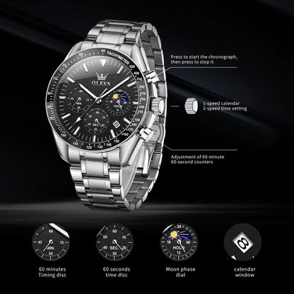 OLEVS Multifunctional Men's Watch Fashion Business Calendar Waterproof Luminous Quartz Watch Luxury Brand Moon Phase Men's Watch