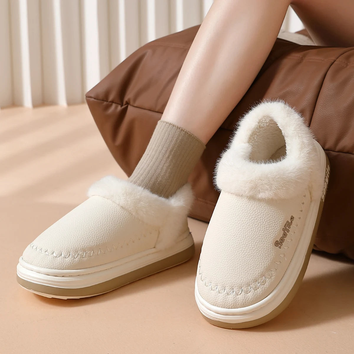 New QYCKABY Faux Fur Winter Boots Women Waterproof Faux Suede Short Plush Snow Boots Man Non Slip Platform Cotton Padded Shoes ﻿