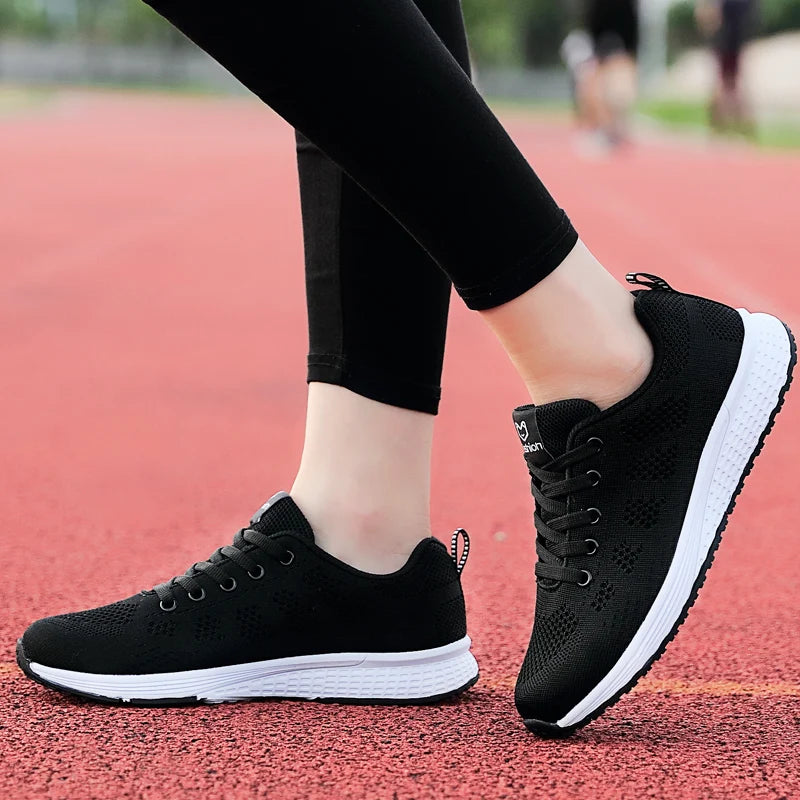 Women Casual Shoes Breathable Walking Mesh Lace Up Flat Shoes Sneakers