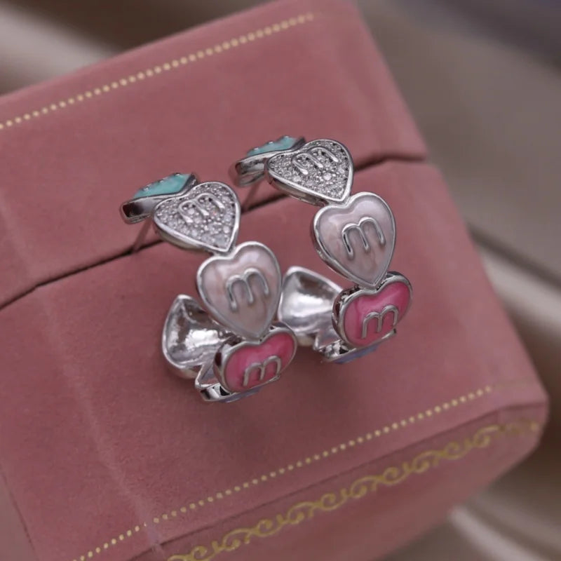 Korea new fashion jewelry 16K gold plated zircon letters M love love enamel C earrings elegant women's daily work accessories