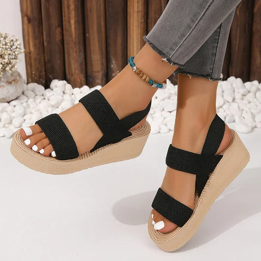2024 Summer Casual Fashion Round Toe Wedge Solid Color Comfortable Open Toe Anti-Slip Wear-Resistant Women's Sandals