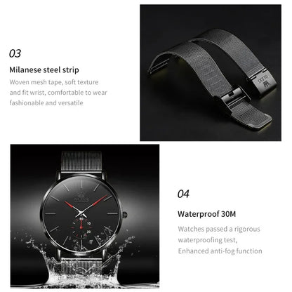 OLEVS Men's Fashion Quartz Watches Minimalism Ultrathin Original Waterproof Watch for Men Luminous Casual Mesh Strap Wristwatch