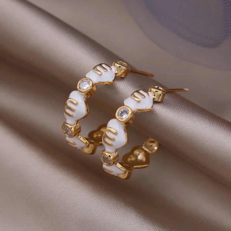 Korea new fashion jewelry 16K gold plated zircon letters M love love enamel C earrings elegant women's daily work accessories