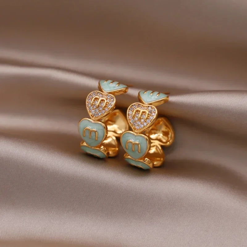 Korea new fashion jewelry 16K gold plated zircon letters M love love enamel C earrings elegant women's daily work accessories