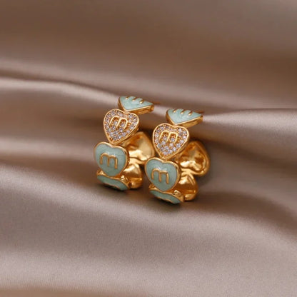 Korea new fashion jewelry 16K gold plated zircon letters M love love enamel C earrings elegant women's daily work accessories