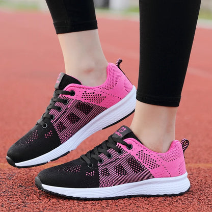 Women Casual Shoes Breathable Walking Mesh Lace Up Flat Shoes Sneakers