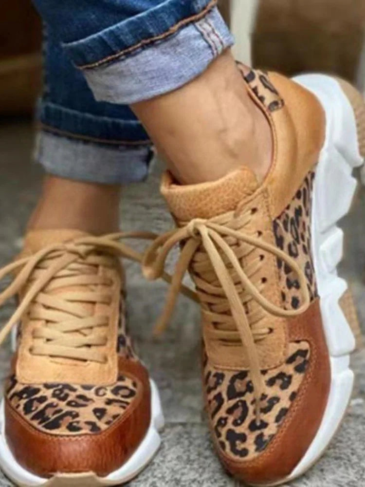 Platform Sneakers Women 2023 Round Toe Low-top Leopard Wedge Shoes Women's Size 43 Lace Up Socofy Casual Sports Shoes