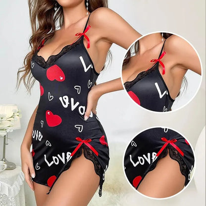 Lace Edge V-Neck Sling Side Split Sleepwear Women's Printed Love Letter Black Home Sling Dress Pajamas