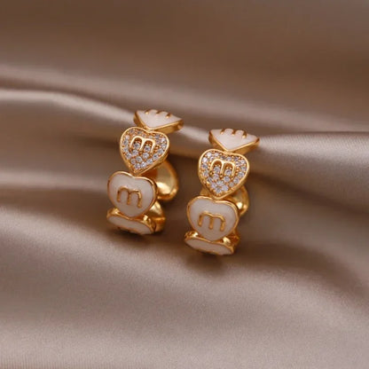 Korea new fashion jewelry 16K gold plated zircon letters M love love enamel C earrings elegant women's daily work accessories
