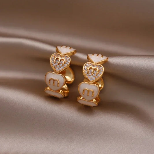 Korea new fashion jewelry 16K gold plated zircon letters M love love enamel C earrings elegant women's daily work accessories
