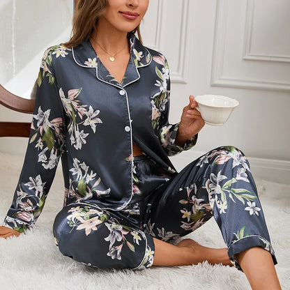 Women Satin Pajama Casual Sleepwear Home Clothes Suit Autumn Long Sleeve Button Up Top & Pants Nightwear Loungewear Pyjama Femme
