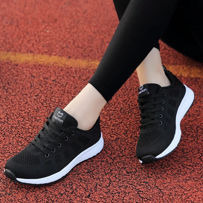 Women Casual Shoes Breathable Walking Mesh Lace Up Flat Shoes Sneakers