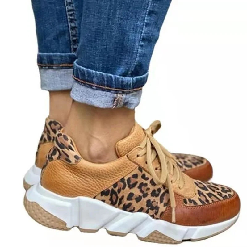 Platform Sneakers Women 2023 Round Toe Low-top Leopard Wedge Shoes Women's Size 43 Lace Up Socofy Casual Sports Shoes